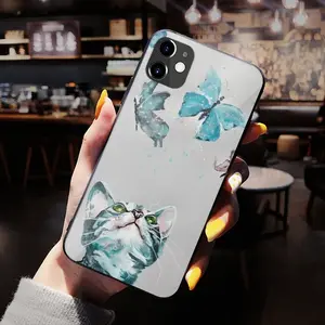 Cat And Butterflies iPhone 12 Phone Case (Tempered Film)