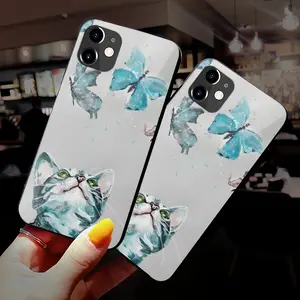 Cat And Butterflies iPhone 12 Phone Case (Tempered Film)