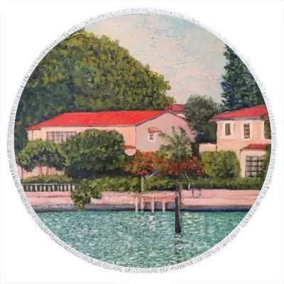 House With Red Roof Round Beach Towels