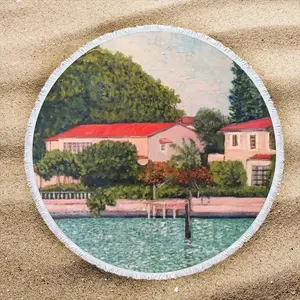 House With Red Roof Round Beach Towels