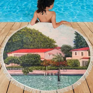 House With Red Roof Round Beach Towels