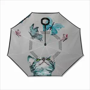 Cat And Butterflies Reverse Umbrella