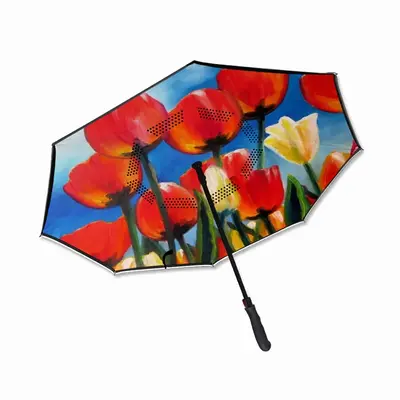 Wild Tulips On Spring Sky Reverse Umbrella