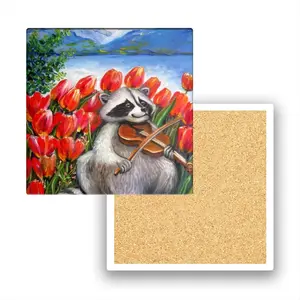 Raccoon Celebrating Spring Ceramic Coaster (Square)