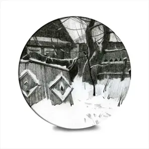 Old Yard In Winter Ceramic Coaster (Round)