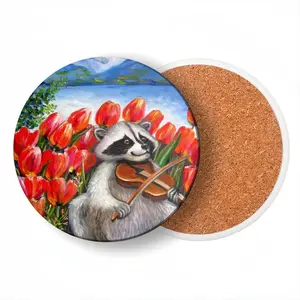 Raccoon Celebrating Spring Ceramic Coaster (Round)