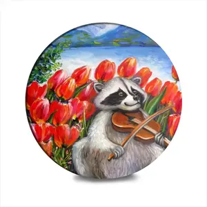 Raccoon Celebrating Spring Ceramic Coaster (Round)