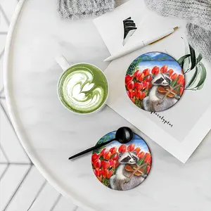 Raccoon Celebrating Spring Ceramic Coaster (Round)