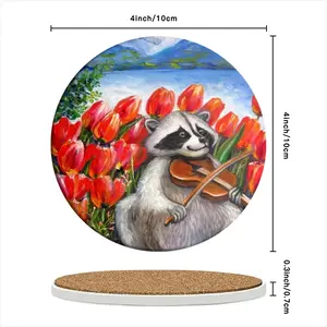 Raccoon Celebrating Spring Ceramic Coaster (Round)