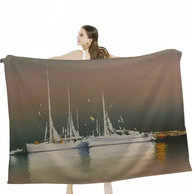 Sailboats Anchored At Sunset Flannel Blanket (Multi-Size, Horizontal)