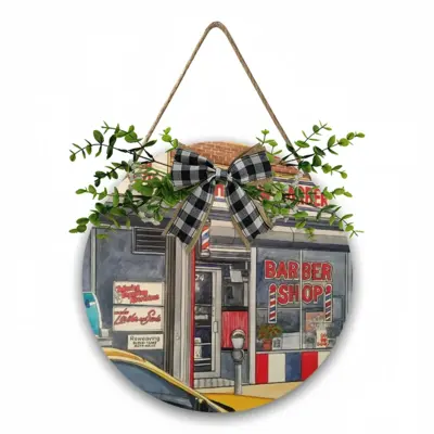 The New Barber Shop New York City Wooden Hanging Board (Circular)