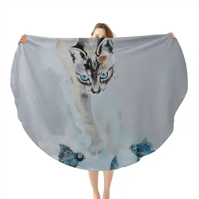 Cat With Fish Flannel Blanket (Round)