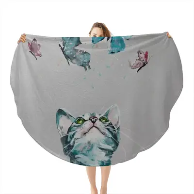 Cat And Butterflies Flannel Blanket (Round)