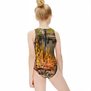 Fire Cooking Still Life Impressionism Kids One Piece Swimsuit (Black)