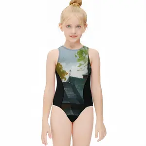 The Ancient Church In The Carpathians Kids One Piece Swimsuit (Black)