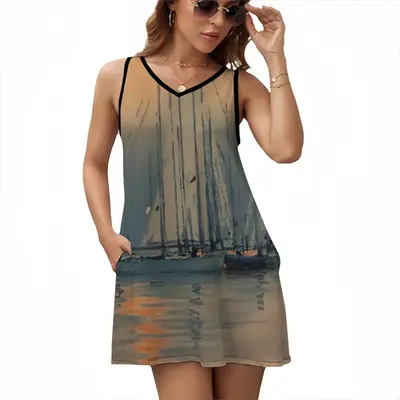 Sailboats With Sun Reflection Sleeveless Frock With Pocket