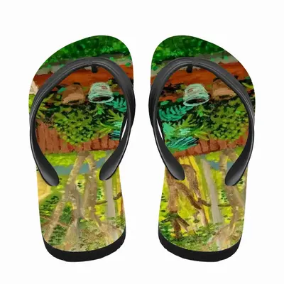 Men Backyard Garden With Yellow House Flip Flop Slippers