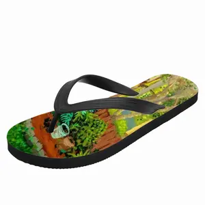 Men Backyard Garden With Yellow House Flip Flop Slippers