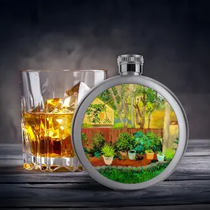 Backyard Garden With Yellow House Flagon