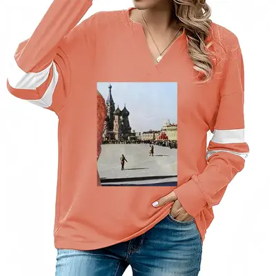 Women Lady In Red Square V-neck Loose Sweatshirt