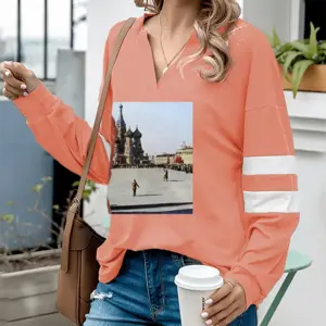 Women Lady In Red Square V-neck Loose Sweatshirt