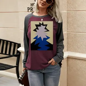 Women Blue Scarf Two-tone Crew Neck T-Shirt