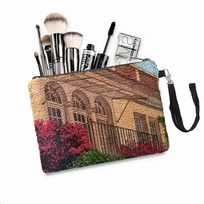 Italian Villa With Bougainvillea Sequin Makeup Bag