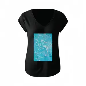 Women Turquoise Peony Short-Sleeved V-neck T-Shirt