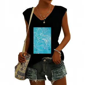 Women Turquoise Peony Short-Sleeved V-neck T-Shirt