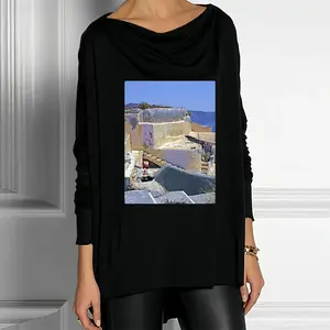 Women Santorini House And Cliffs In Oia Drop Collar Long Sleeve T-Shirt