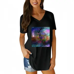 Women Hypnotic Universe V-neck Short Sleeve T-Shirt (Long)