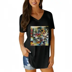 Women Postcard V-neck Short Sleeve T-Shirt (Long)