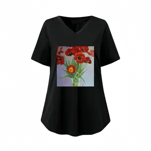 Women Tulips V-neck Short Sleeve T-Shirt (Long)