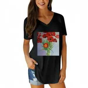 Women Tulips V-neck Short Sleeve T-Shirt (Long)