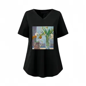 Women Flowers V-neck Short Sleeve T-Shirt (Long)