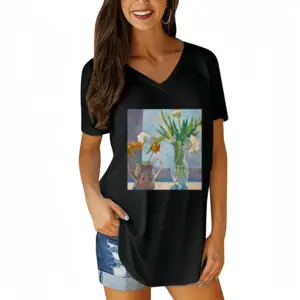 Women Flowers V-neck Short Sleeve T-Shirt (Long)