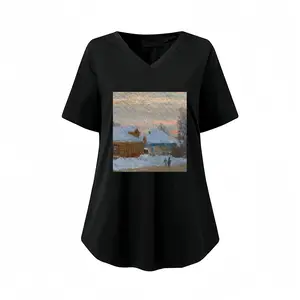 Women Winter Evening V-neck Short Sleeve T-Shirt (Long)