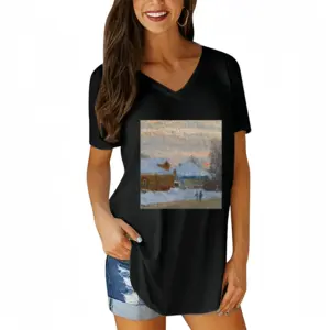 Women Winter Evening V-neck Short Sleeve T-Shirt (Long)