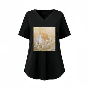 Women Gold Flower V-neck Short Sleeve T-Shirt (Long)