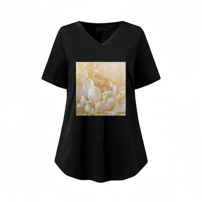 Women Gold Flower V-neck Short Sleeve T-Shirt (Long)