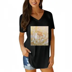 Women Gold Flower V-neck Short Sleeve T-Shirt (Long)