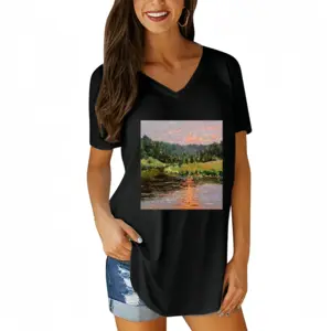 Women Sunset Pond With Sun Reflection V-neck Short Sleeve T-Shirt (Long)