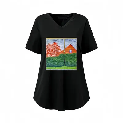 Women Verdant Curtain V-neck Short Sleeve T-Shirt (Long)