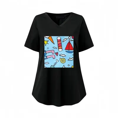 Women Seaside V-neck Short Sleeve T-Shirt (Long)