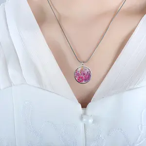 Pink Bird Of Hope Snake Bone Chain Round Pendant Necklace