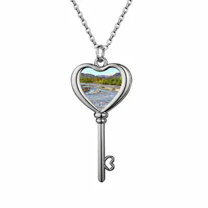 Oil Landscape Mountain River In The Morning Heart Shaped Key Necklace