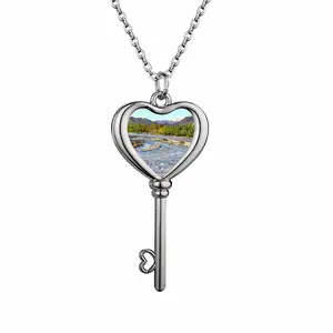 Oil Landscape Mountain River In The Morning Heart Shaped Key Necklace