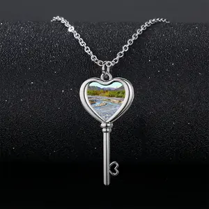 Oil Landscape Mountain River In The Morning Heart Shaped Key Necklace