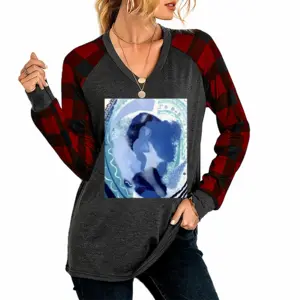 Women Celestial V Neck Plaid Long-Sleeved T-Shirt