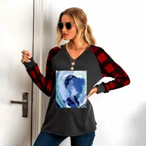 Women Celestial V Neck Plaid Long-Sleeved T-Shirt